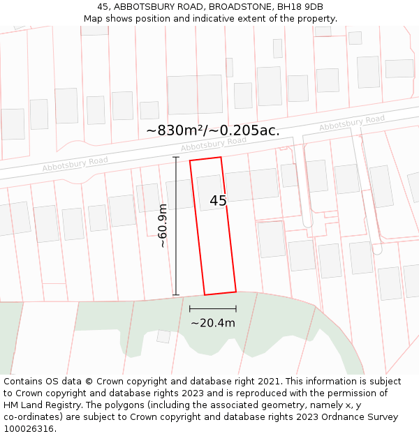 45, ABBOTSBURY ROAD, BROADSTONE, BH18 9DB: Plot and title map