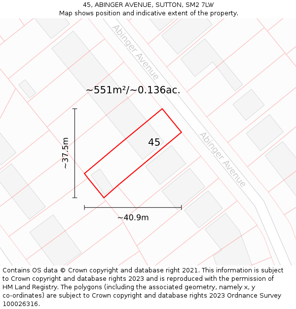 45, ABINGER AVENUE, SUTTON, SM2 7LW: Plot and title map