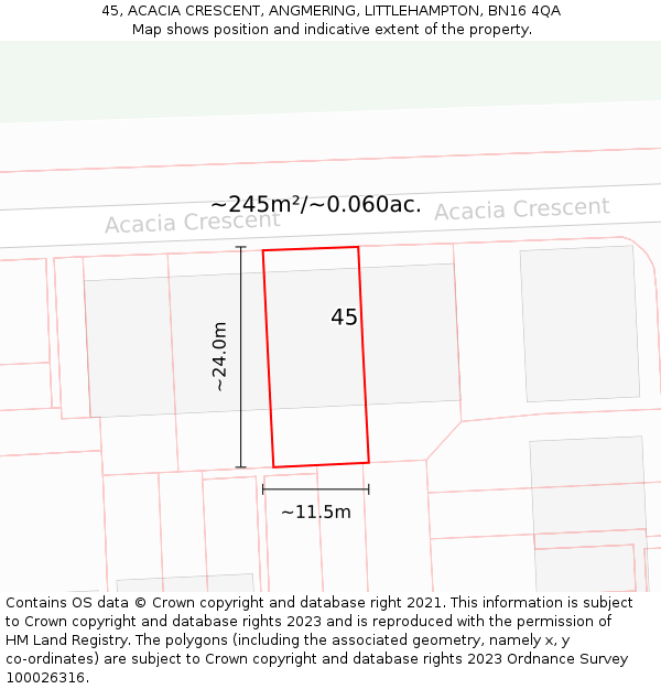 45, ACACIA CRESCENT, ANGMERING, LITTLEHAMPTON, BN16 4QA: Plot and title map