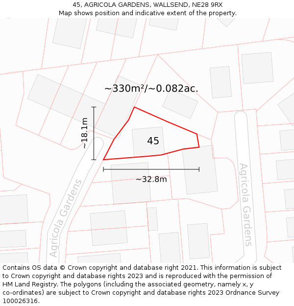 45, AGRICOLA GARDENS, WALLSEND, NE28 9RX: Plot and title map