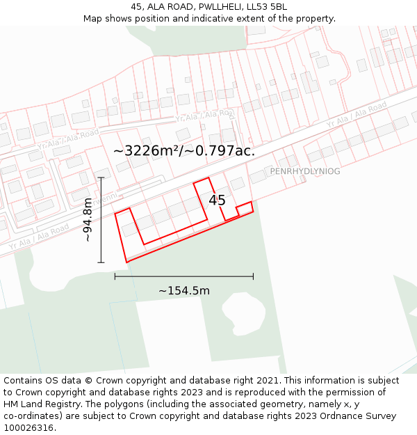 45, ALA ROAD, PWLLHELI, LL53 5BL: Plot and title map