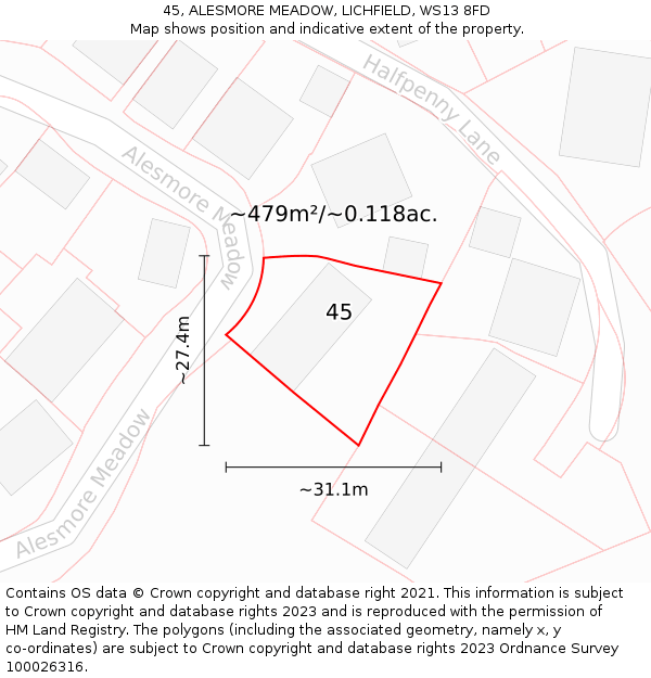45, ALESMORE MEADOW, LICHFIELD, WS13 8FD: Plot and title map