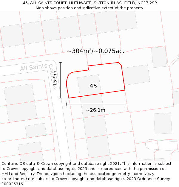 45, ALL SAINTS COURT, HUTHWAITE, SUTTON-IN-ASHFIELD, NG17 2SP: Plot and title map