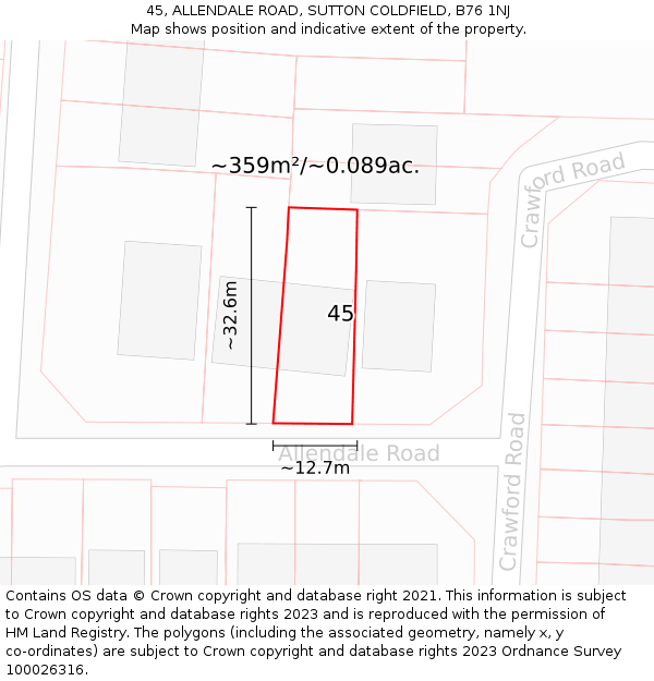 45, ALLENDALE ROAD, SUTTON COLDFIELD, B76 1NJ: Plot and title map