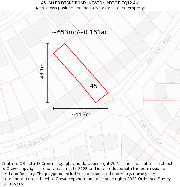 45, ALLER BRAKE ROAD, NEWTON ABBOT, TQ12 4NJ: Plot and title map