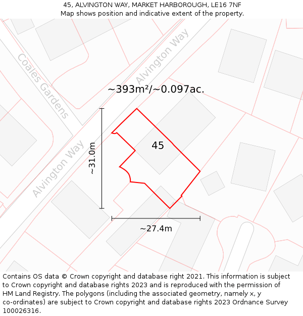 45, ALVINGTON WAY, MARKET HARBOROUGH, LE16 7NF: Plot and title map