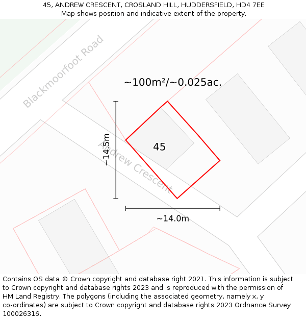 45, ANDREW CRESCENT, CROSLAND HILL, HUDDERSFIELD, HD4 7EE: Plot and title map