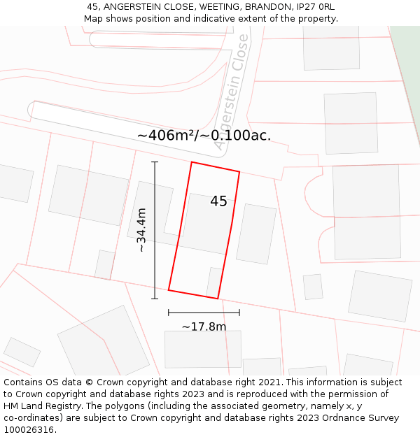 45, ANGERSTEIN CLOSE, WEETING, BRANDON, IP27 0RL: Plot and title map