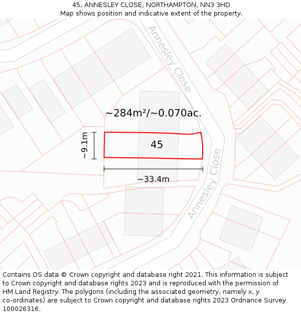 45, ANNESLEY CLOSE, NORTHAMPTON, NN3 3HD: Plot and title map