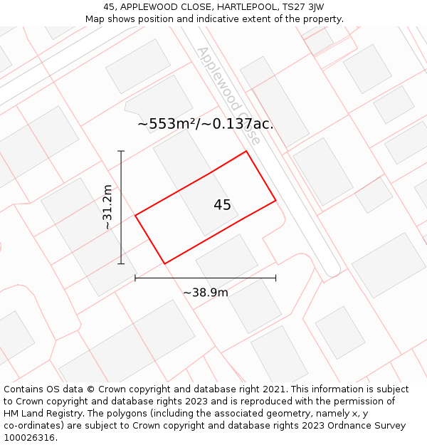45, APPLEWOOD CLOSE, HARTLEPOOL, TS27 3JW: Plot and title map