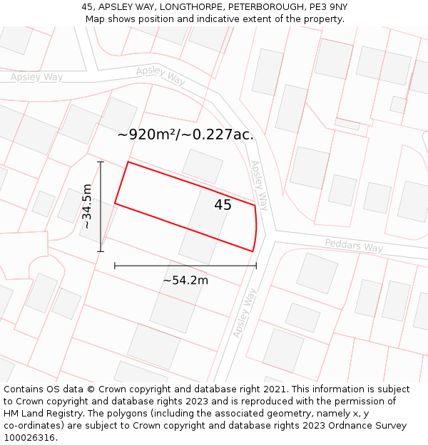 45, APSLEY WAY, LONGTHORPE, PETERBOROUGH, PE3 9NY: Plot and title map