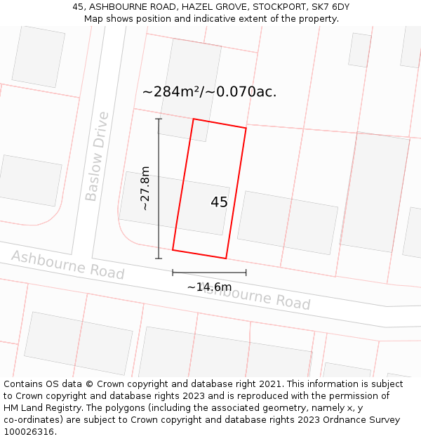 45, ASHBOURNE ROAD, HAZEL GROVE, STOCKPORT, SK7 6DY: Plot and title map