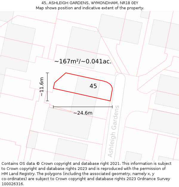 45, ASHLEIGH GARDENS, WYMONDHAM, NR18 0EY: Plot and title map
