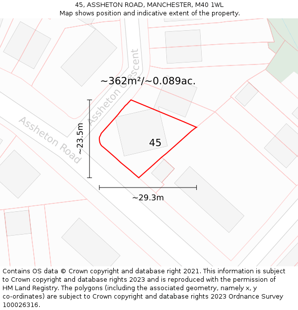 45, ASSHETON ROAD, MANCHESTER, M40 1WL: Plot and title map