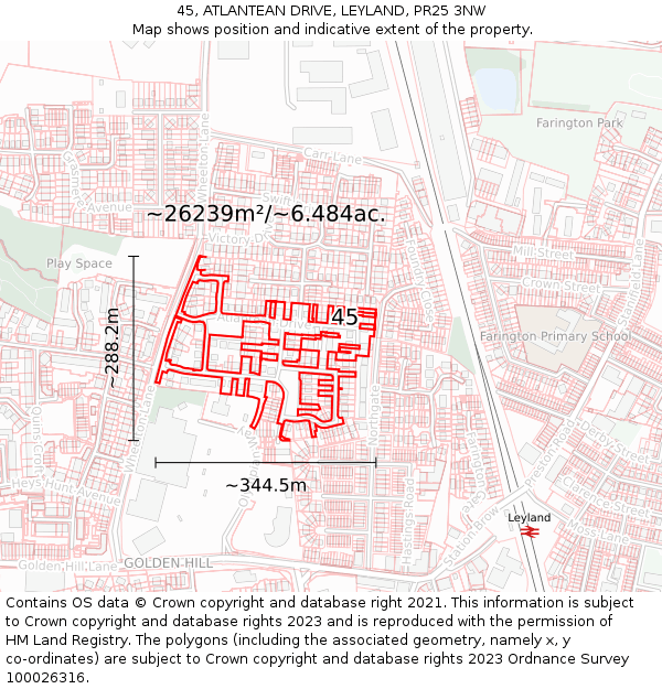 45, ATLANTEAN DRIVE, LEYLAND, PR25 3NW: Plot and title map