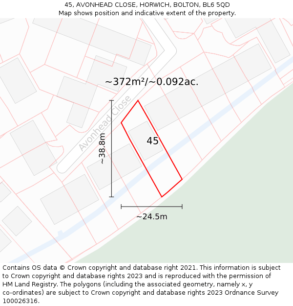 45, AVONHEAD CLOSE, HORWICH, BOLTON, BL6 5QD: Plot and title map