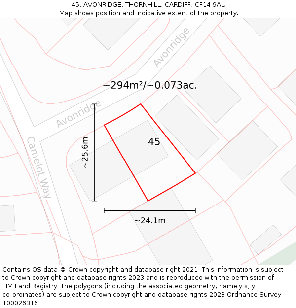 45, AVONRIDGE, THORNHILL, CARDIFF, CF14 9AU: Plot and title map