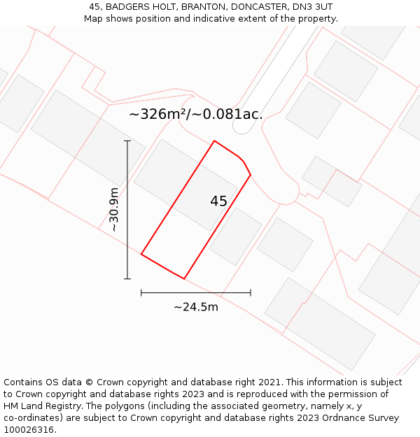 45, BADGERS HOLT, BRANTON, DONCASTER, DN3 3UT: Plot and title map