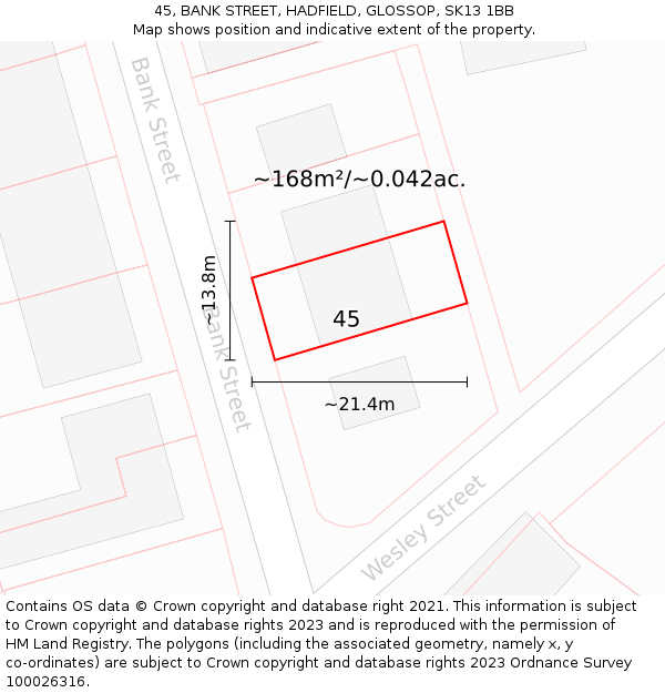 45, BANK STREET, HADFIELD, GLOSSOP, SK13 1BB: Plot and title map