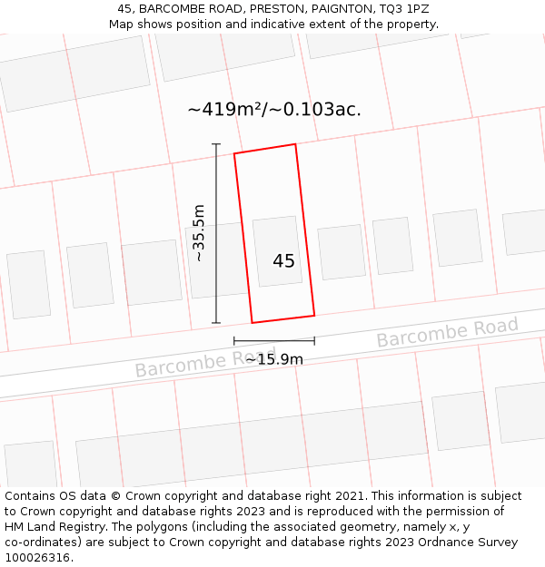 45, BARCOMBE ROAD, PRESTON, PAIGNTON, TQ3 1PZ: Plot and title map