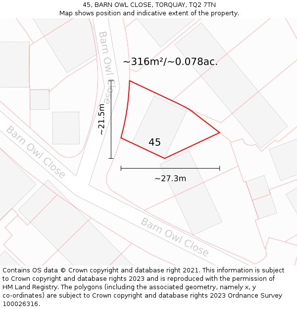 45, BARN OWL CLOSE, TORQUAY, TQ2 7TN: Plot and title map