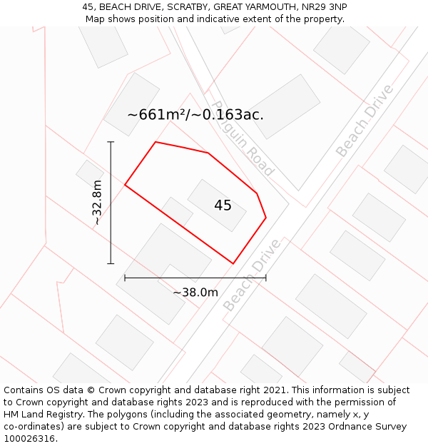 45, BEACH DRIVE, SCRATBY, GREAT YARMOUTH, NR29 3NP: Plot and title map