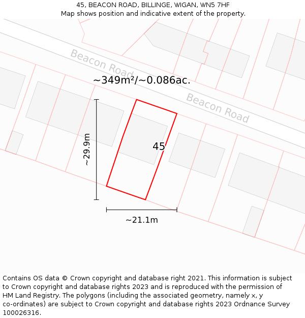 45, BEACON ROAD, BILLINGE, WIGAN, WN5 7HF: Plot and title map