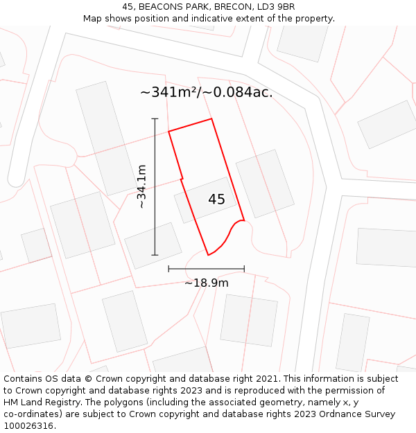 45, BEACONS PARK, BRECON, LD3 9BR: Plot and title map