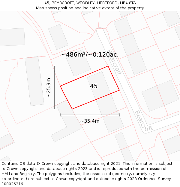 45, BEARCROFT, WEOBLEY, HEREFORD, HR4 8TA: Plot and title map