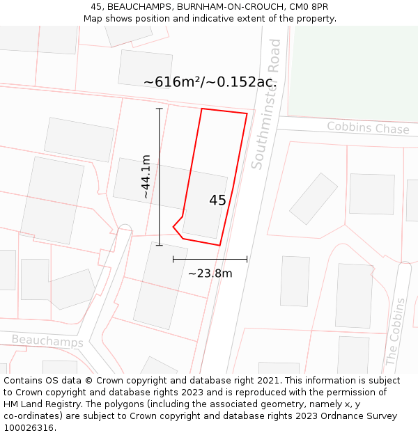 45, BEAUCHAMPS, BURNHAM-ON-CROUCH, CM0 8PR: Plot and title map