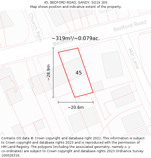 45, BEDFORD ROAD, SANDY, SG19 1ES: Plot and title map