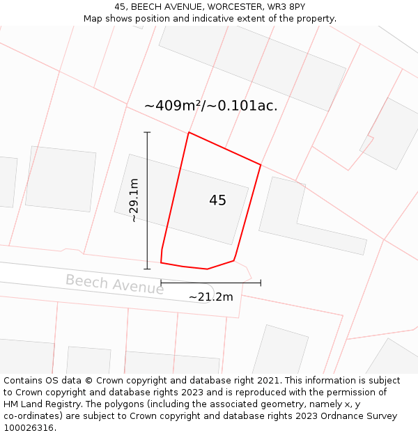 45, BEECH AVENUE, WORCESTER, WR3 8PY: Plot and title map