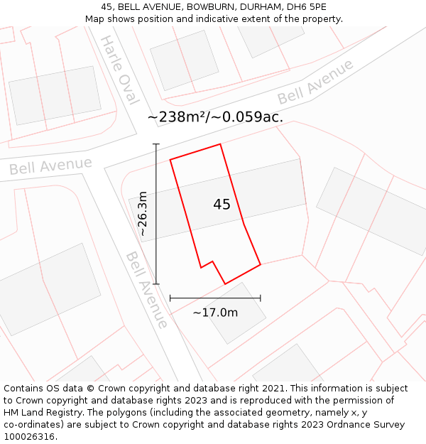 45, BELL AVENUE, BOWBURN, DURHAM, DH6 5PE: Plot and title map