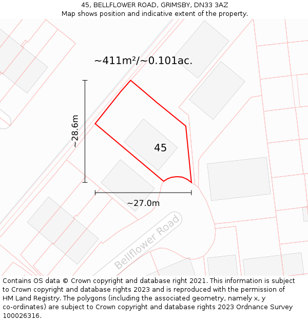 45, BELLFLOWER ROAD, GRIMSBY, DN33 3AZ: Plot and title map