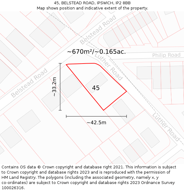 45, BELSTEAD ROAD, IPSWICH, IP2 8BB: Plot and title map