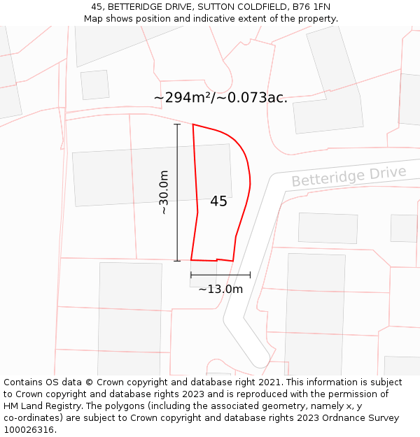 45, BETTERIDGE DRIVE, SUTTON COLDFIELD, B76 1FN: Plot and title map
