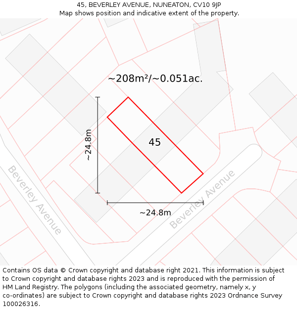 45, BEVERLEY AVENUE, NUNEATON, CV10 9JP: Plot and title map