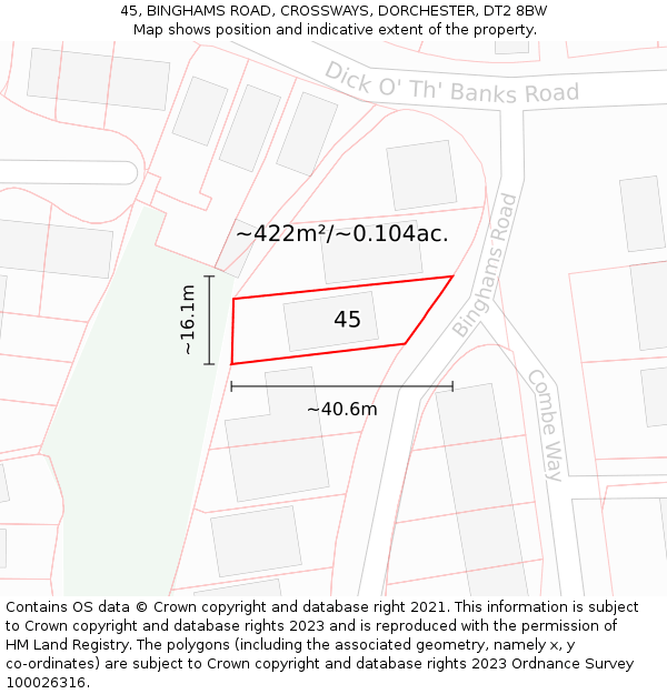 45, BINGHAMS ROAD, CROSSWAYS, DORCHESTER, DT2 8BW: Plot and title map