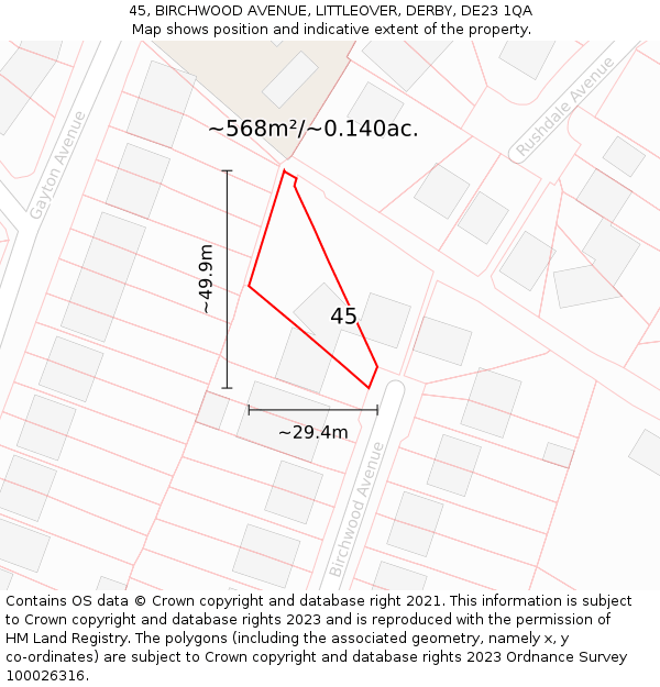 45, BIRCHWOOD AVENUE, LITTLEOVER, DERBY, DE23 1QA: Plot and title map