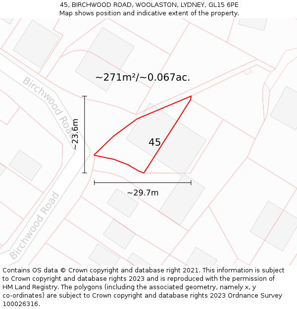 45, BIRCHWOOD ROAD, WOOLASTON, LYDNEY, GL15 6PE: Plot and title map