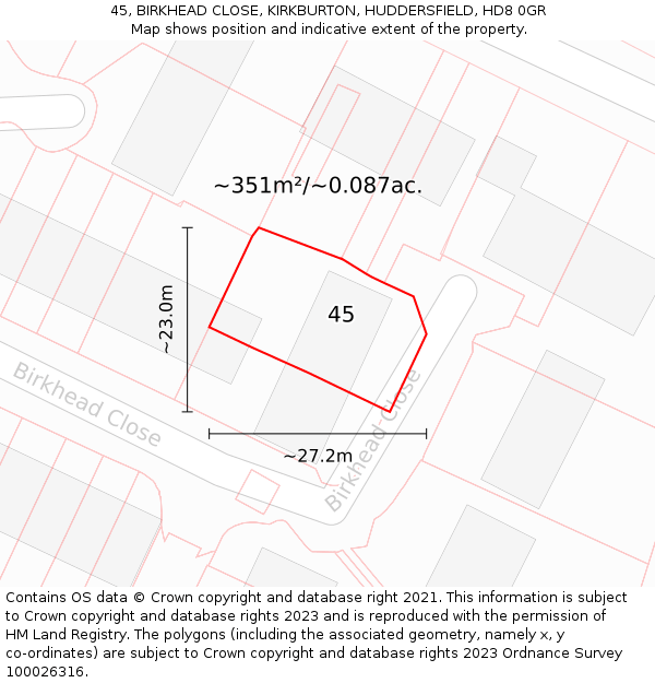 45, BIRKHEAD CLOSE, KIRKBURTON, HUDDERSFIELD, HD8 0GR: Plot and title map