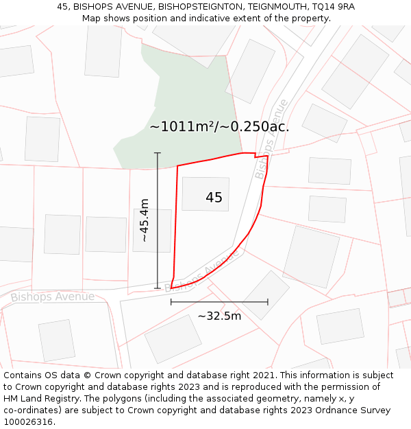 45, BISHOPS AVENUE, BISHOPSTEIGNTON, TEIGNMOUTH, TQ14 9RA: Plot and title map