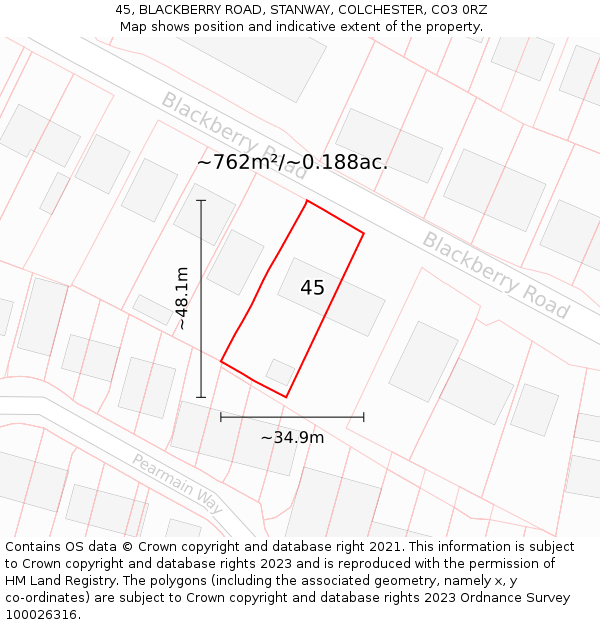 45, BLACKBERRY ROAD, STANWAY, COLCHESTER, CO3 0RZ: Plot and title map