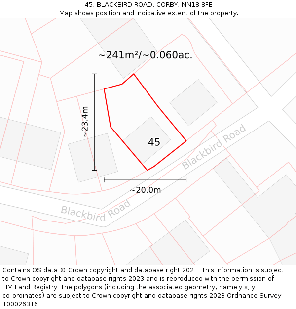 45, BLACKBIRD ROAD, CORBY, NN18 8FE: Plot and title map