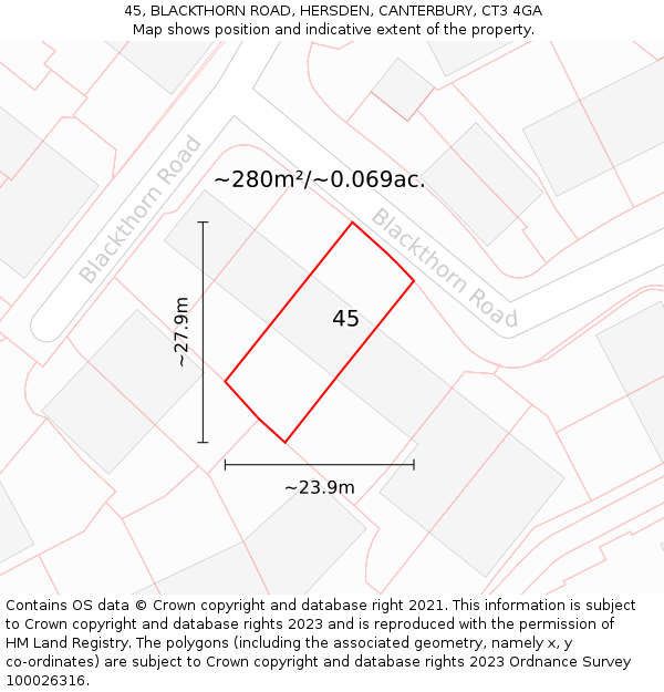 45, BLACKTHORN ROAD, HERSDEN, CANTERBURY, CT3 4GA: Plot and title map