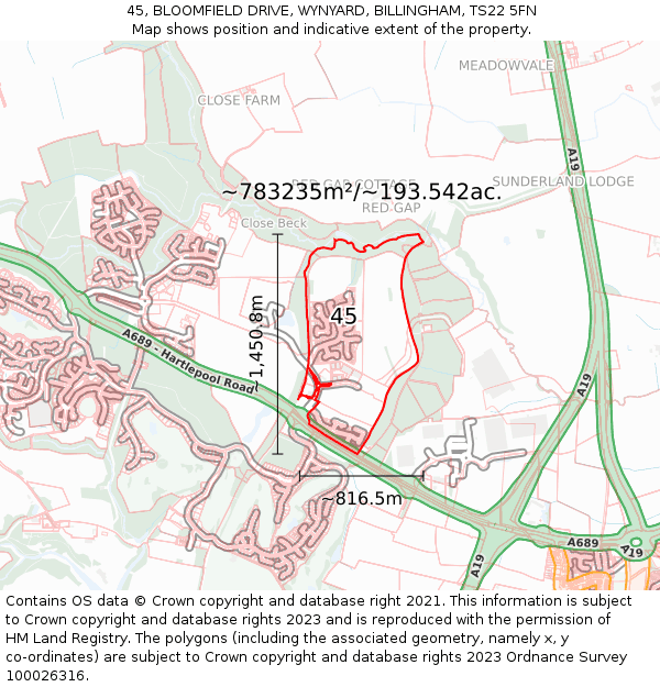 45, BLOOMFIELD DRIVE, WYNYARD, BILLINGHAM, TS22 5FN: Plot and title map