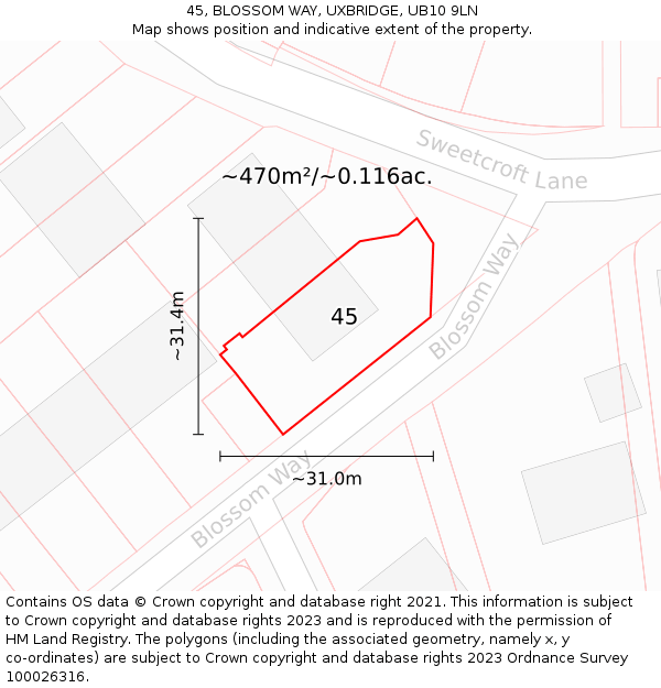 45, BLOSSOM WAY, UXBRIDGE, UB10 9LN: Plot and title map