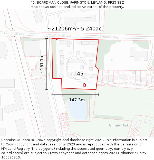 45, BOARDMAN CLOSE, FARINGTON, LEYLAND, PR25 3BZ: Plot and title map