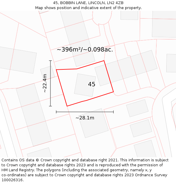 45, BOBBIN LANE, LINCOLN, LN2 4ZB: Plot and title map