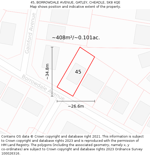 45, BORROWDALE AVENUE, GATLEY, CHEADLE, SK8 4QE: Plot and title map
